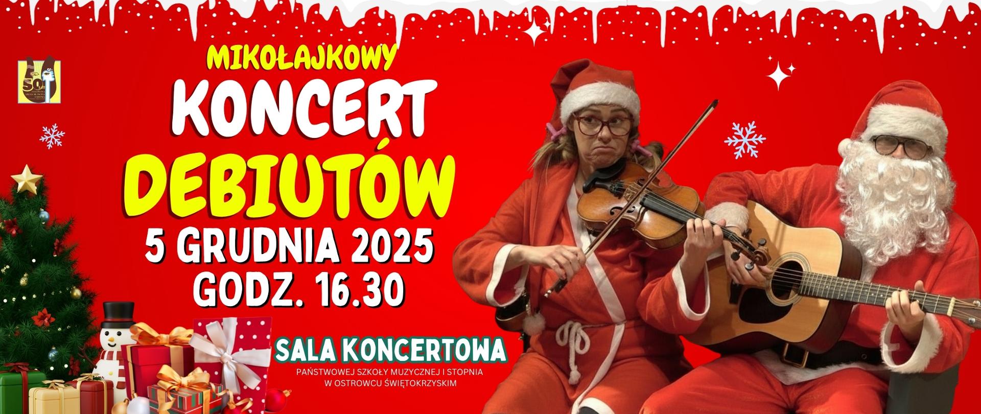 Mikołaj z gitarą i śnieżynka ze skrzypcami, choinka z prezentami, bałwanem na czerwonym tle z żółto-białymi literami informującymi o koncercie, z logo szkoły po lewej stronie