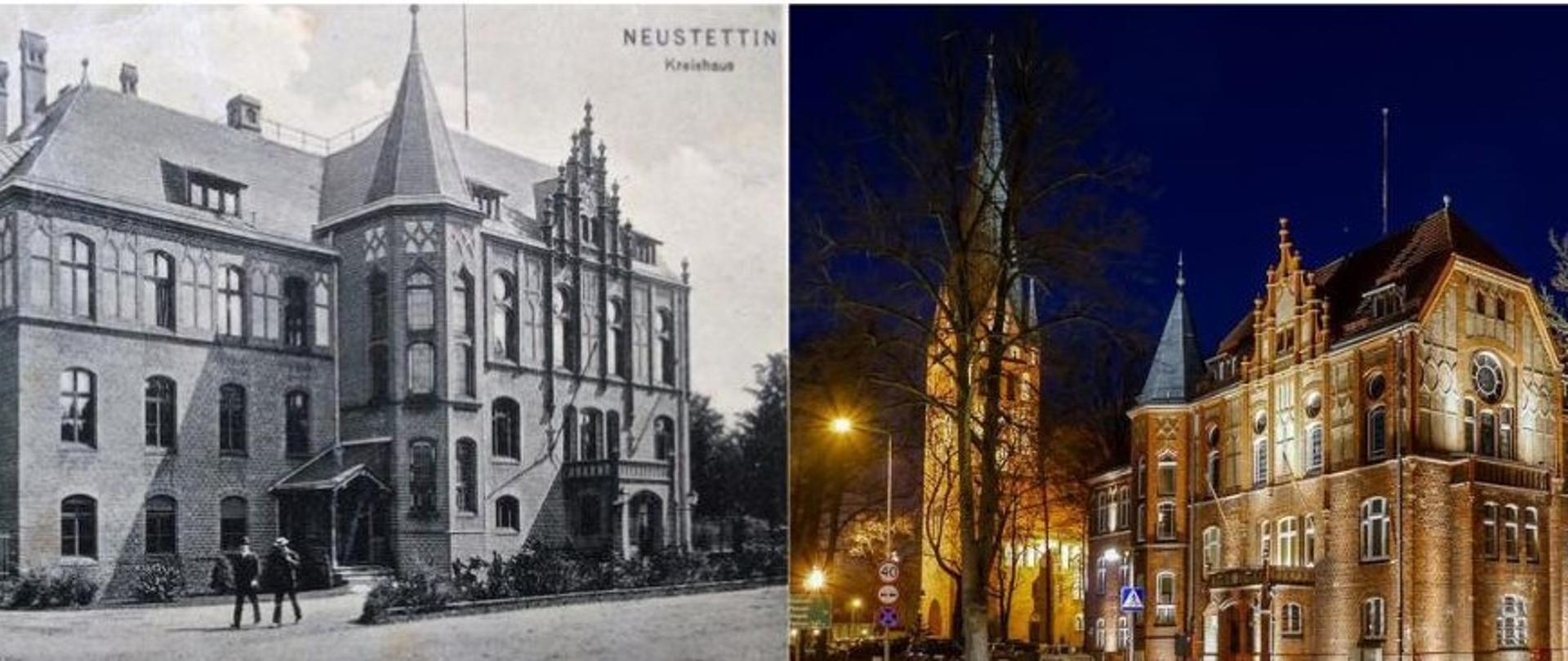 grafika przedstawia dwa zdjęcia szkoły muzycznej od lewej czarno - białe zdjęcie przedstawiające budynek dzisiejszej szkoły muzycznej, od prawej zdjęcie szkoły nocą