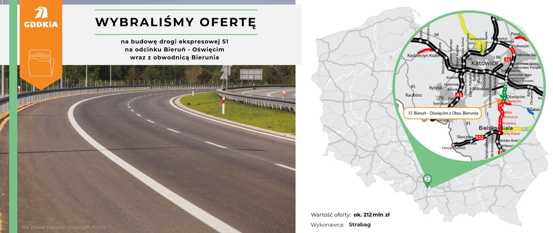 Infografika informująca o wybraniu najkorzystniejszej oferty dla budowy drogi ekspresowej S1 na odcinku Bieruń - Oświęcim wraz z obwodnicą Bierunia. Po prawej mapa Polski z zaznaczonym odcinkiem. Widoczne pasy ruchu, bariery i zieleń w pasie między jezdniami.