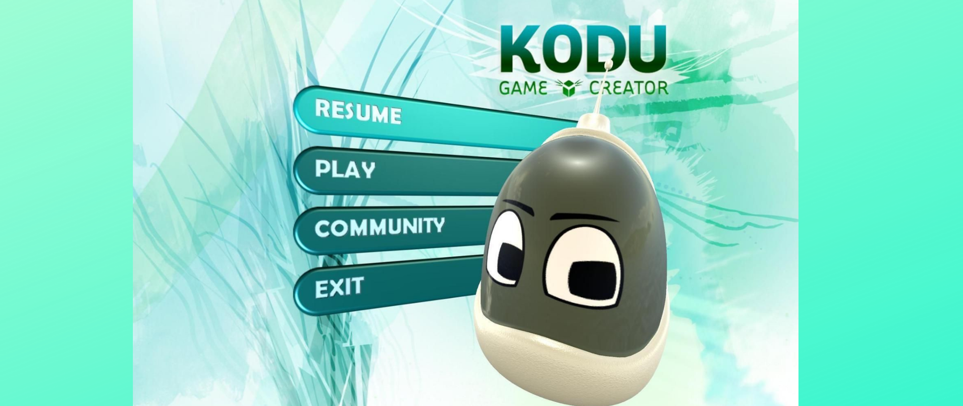 Grafika ma kolor miętowy. Na środku widać postać z gry KODU GAME CREATOR, na tle 4 przycisków: RESUME, PLAY, COMMUNITY oraz EXIT.