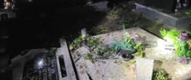 Zdjęcie przedstawia fragment cmentarza w Zielonej Wsi w porze nocnej. Na pierwszym planie widoczne są nagrobki uszkodzone przez powalone drzewo. 