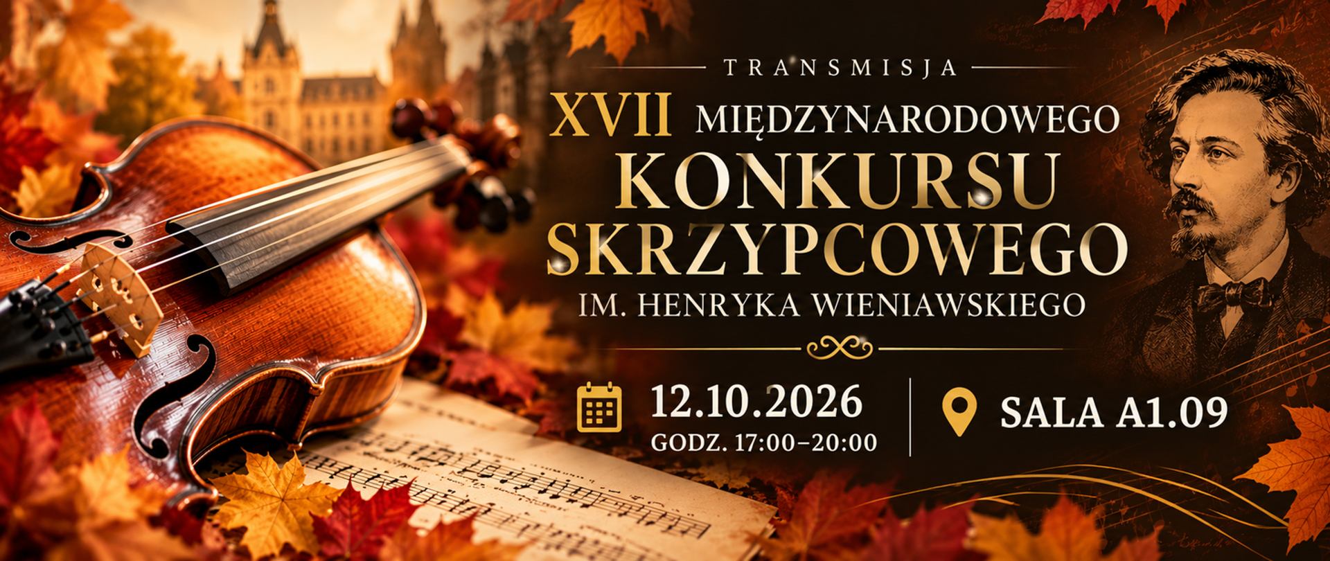 Plakat w jesiennej, brązowo-pomarańczowej kolorystyce zapowiada transmisję XVII Międzynarodowego Konkursu Skrzypcowego im. Henryka Wieniawskiego. Transmisja odbędzie się 12 października 2026 roku w godz. 17:00–20:00 w sali A1.09. Po lewej stronie widoczne są skrzypce leżące na zapisie nutowym, otoczone jesiennymi liśćmi. W tle znajduje się zabytkowy budynek. Po prawej stronie umieszczono rysunkowy portret postaci oraz dekoracyjne motywy liści i nut.