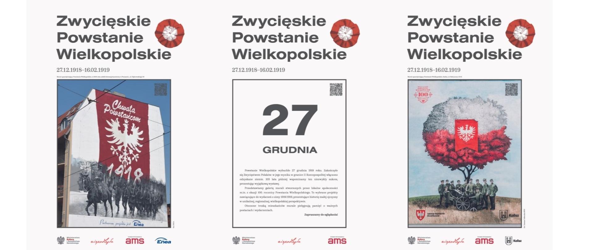 Grafika przedstawia trzy plakaty, poświęcone zwycięskiemu Powstaniu Wielkopolskiemu