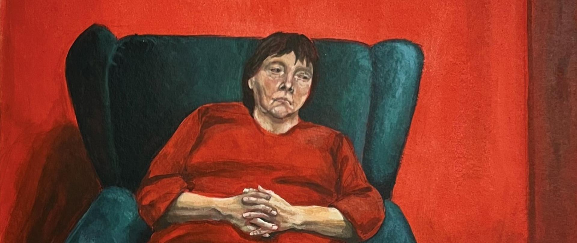 Obraz malarski przedstawiający kobietę siedzącą w fotelu