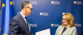 Minister Infrastruktury Dariusz Klimczak oraz Joanna Kopczyńska podczas powołania na stanowisko Prezes PGW Wody Polskie