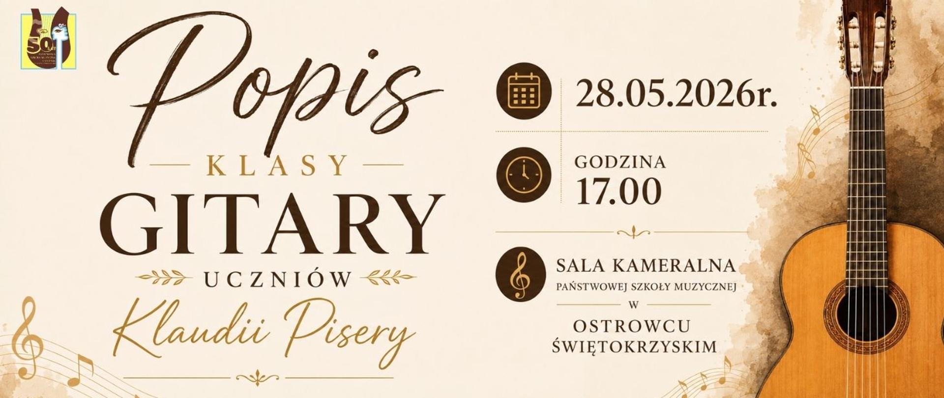 gitara na kremowym tle, z literami informującymi o koncercie w kolorze brązowym, z logo szkoły po lewej stronie