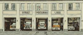 Grafika przedstawiająca budynek straży pożarnej widziany od przodu z podniesionymi bramami garażowymi i widocznymi wewnątrz pojazdami.