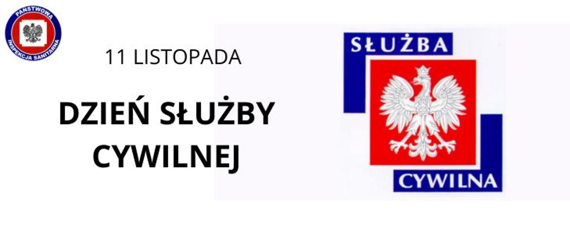 Grafika w białej tonacji, w lewym górnym rogu logo Państwowej Inspekcji Sanitarnej, poniżej czarny napis 11 listopada dzień służby cywilnej, po prawej logo służby cywilnej z białym orłem pośrodku na czerwonym tle.