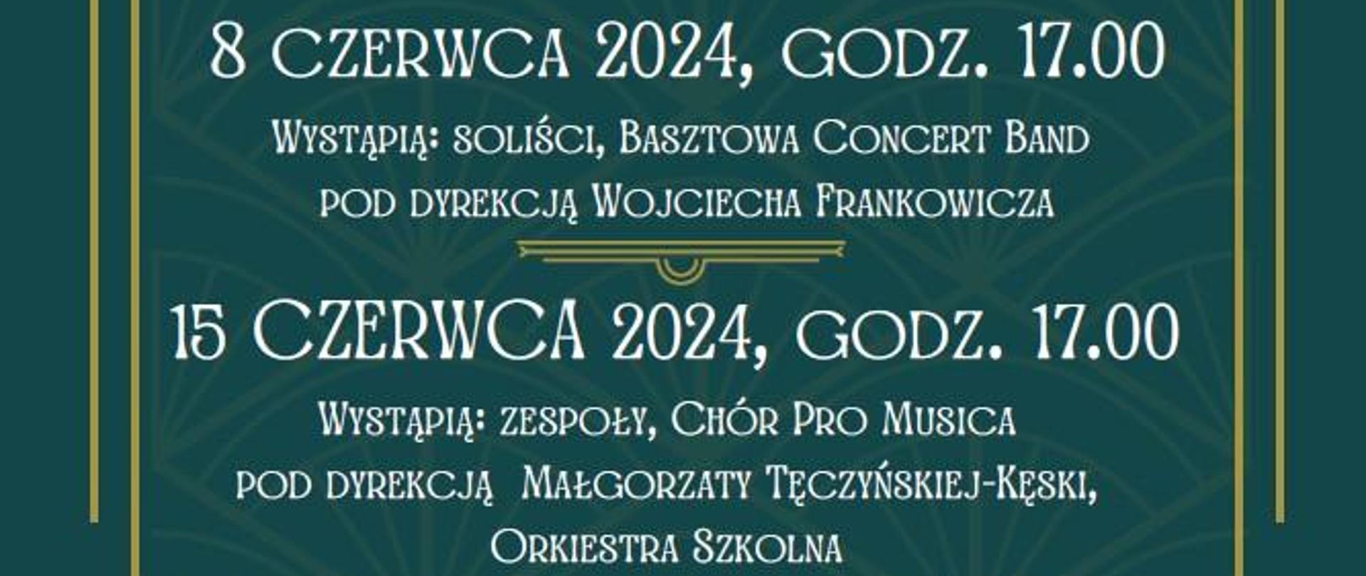 Na zielonym tle grafika grający zespół Koncerty szkolne 8 i 15 czerwca godz.17.00