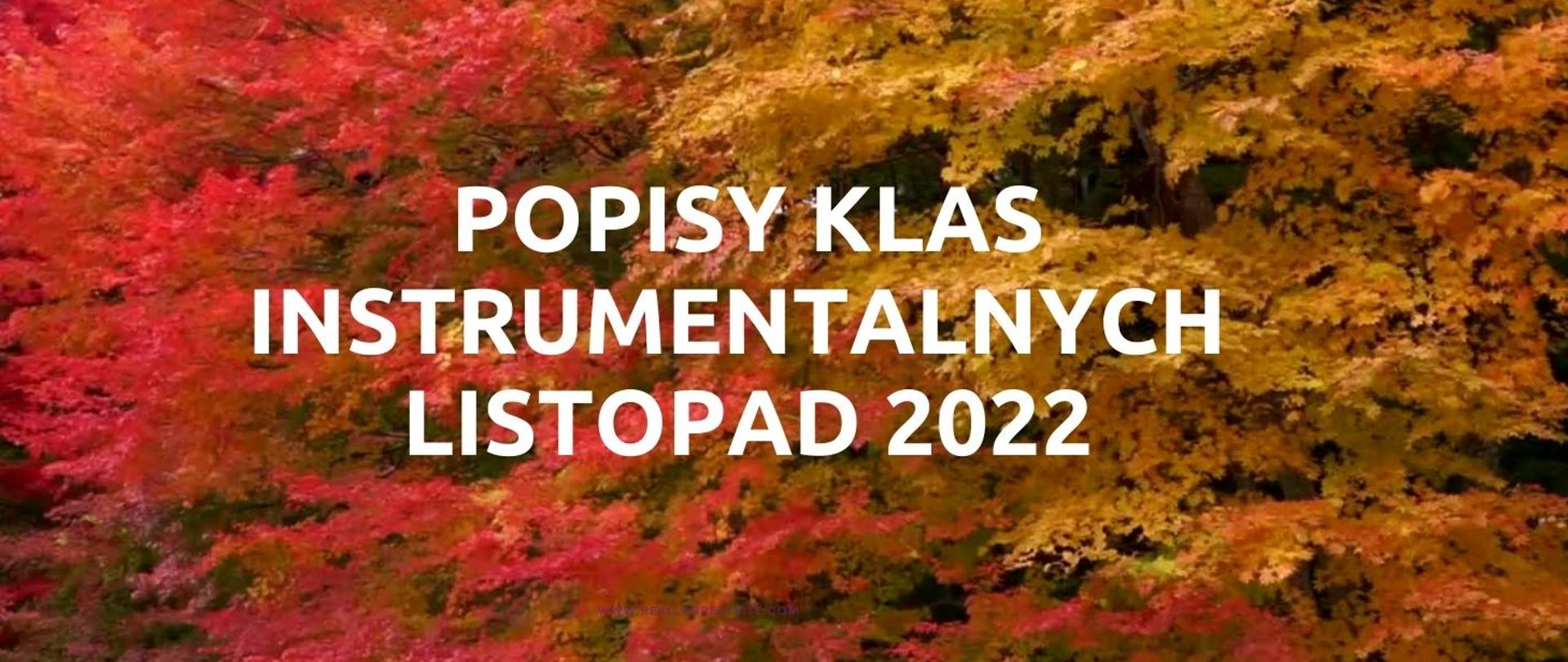 Grafika w kolorach jesiennych z napisem "Popisy klas instrumentalnych, listopad 2022".