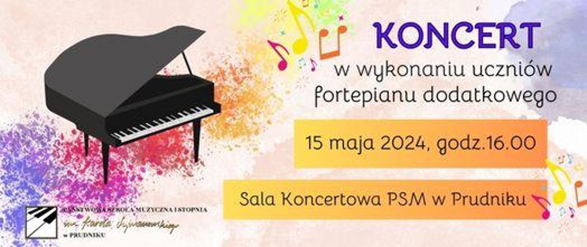 Baner z informacja o koncercie uczniów fortepianu dodatkowego. Z lewej strony ikonografia przedstawiająca fortepian i logo szkoły.