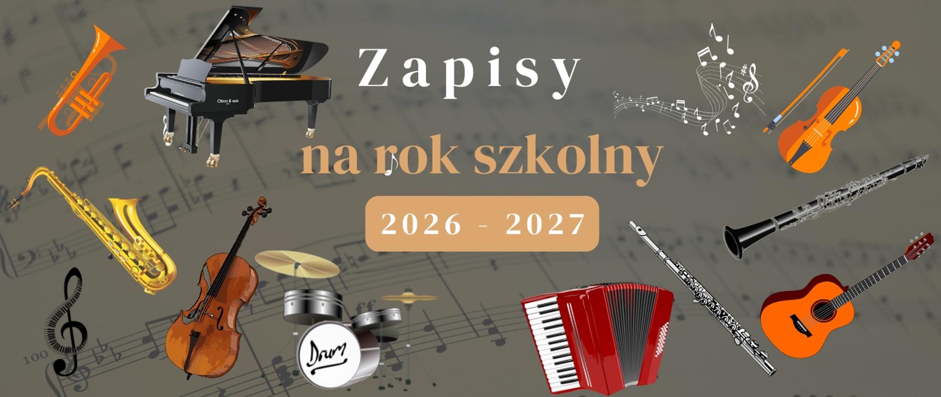Obraz przedstawia kolorowy plakat promujący zapisy do szkoły muzycznej na rok szkolny 2025–2026. Na tle nutowego zapisu muzycznego znajdują się różnorodne instrumenty muzyczne, takie jak:
• fortepian (na środku u góry),
• trąbka i saksofon (po lewej stronie),
• wiolonczela, perkusja, akordeon i gitara klasyczna (na dole),
• flet poprzeczny, klarnet, altówka (po prawej stronie),
• oraz dodatkowe elementy graficzne: nuty, klucz wiolinowy i wirujące linie melodyczne.
Na środku obrazu umieszczony jest tekst w języku polskim: „Zapisy na rok szkolny 2026– 2027”, z czego słowo „Zapisy” jest napisane dużą białą czcionką, a pozostała część tekstu ma kolor beżowy z ciemniejszym tłem pod datą.
Całość utrzymana jest w artystycznym, muzycznym stylu, zachęcającym do zapisania się na zajęcia w nadchodzącym roku szkolnym.
