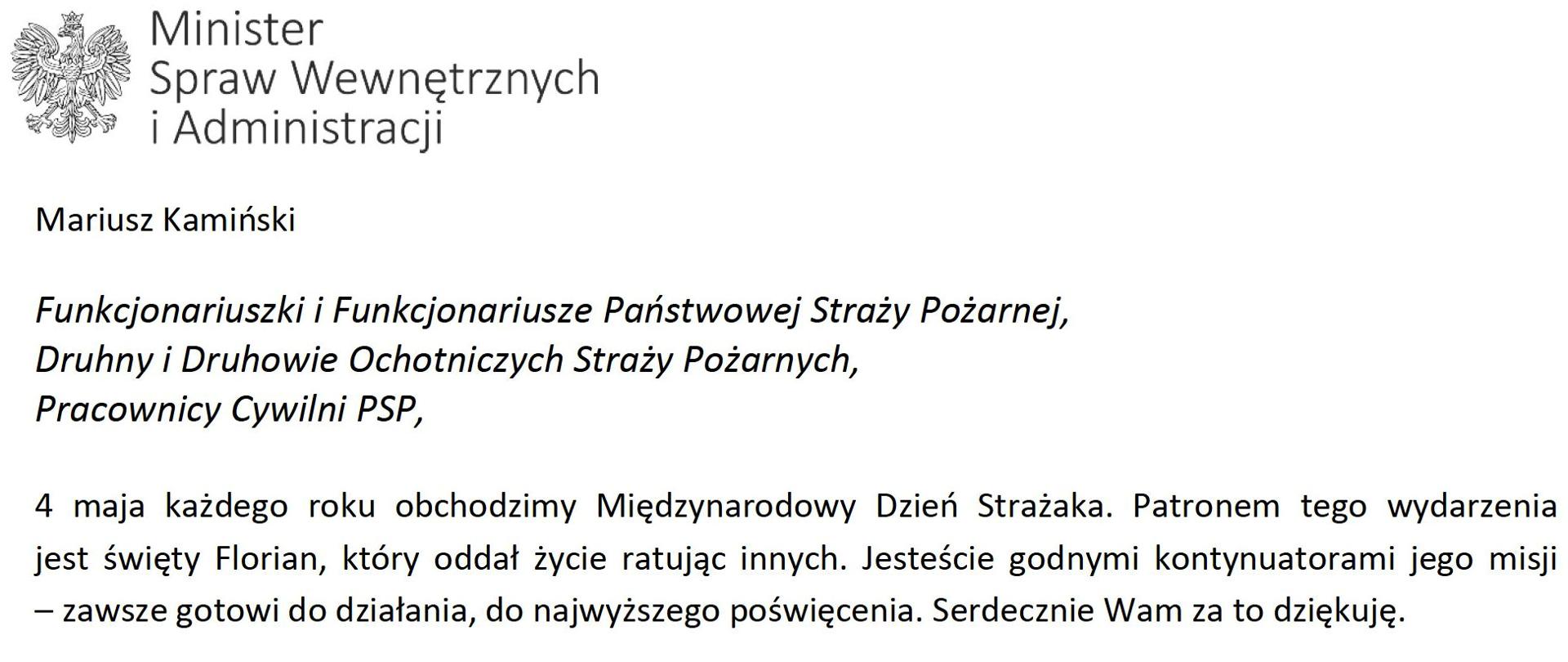 MSWiA Życzenia dla strażaków