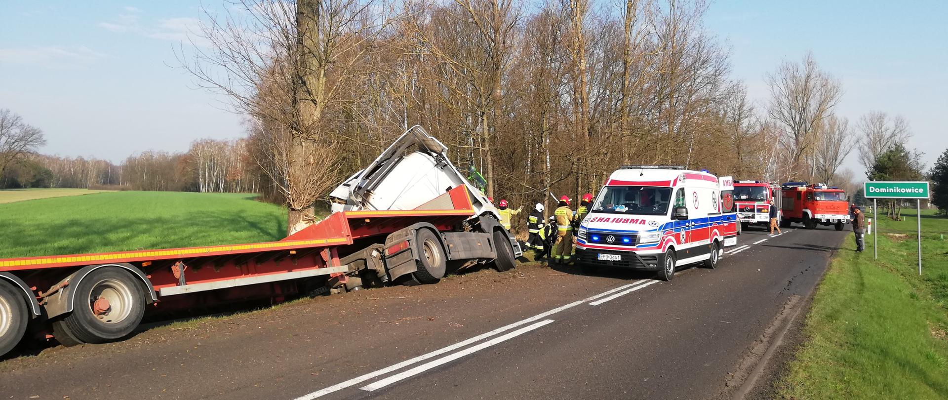 Pojazd ciężarowy znajduje po uderzeniu w przydrożne drzewo 