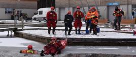 Zdjęcie przedstawia strażaków podczas szkolenia na zamarzniętym akwenie z wykorzystaniem sań lodowych