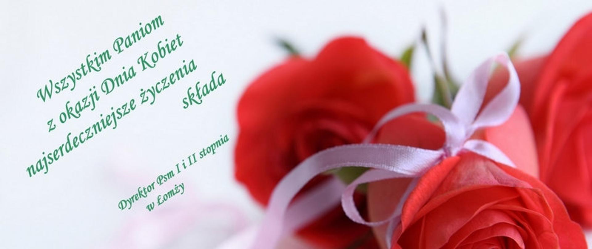 baner - po prawej czerwone róże, po lewej - życzenia dla Pań