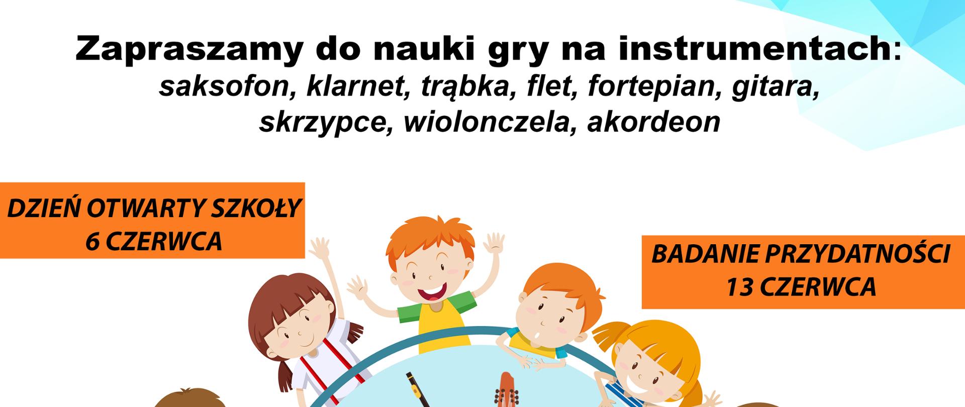 Na górze napis na żółtym tle Państwowa Szkoła Muzyczna I stopnia im. Jana Sebastiana Bacha w Grajewie poniżej informacje na jakich instrumentach odbywa się kształcenie. W centralnym miejscu kolorowa grafika w kształcie koła, w środku instrumenty muzyczne a dokoła dzieci. Na dole na niebieskim i żółtym tle informacje kontaktowe do szkoły. 