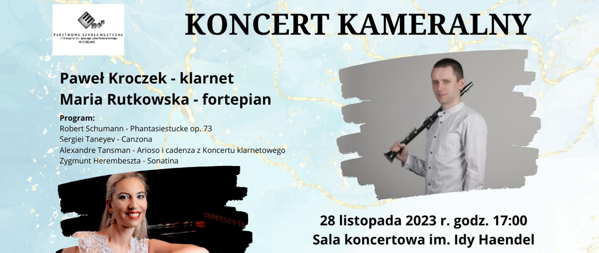 plakat wykonany w jasno niebieskich kolorach. Po prawej stronie zdjęcie Pawła Kroczka - klarnet a pod zdjęciem data i godzina koncertu. Po lewej stronie na dole zdjęcie Marii Rutkowskiej - fortepian. Nad zdjęciem pianistki wpisany został program i osoby grające na koncercie. 