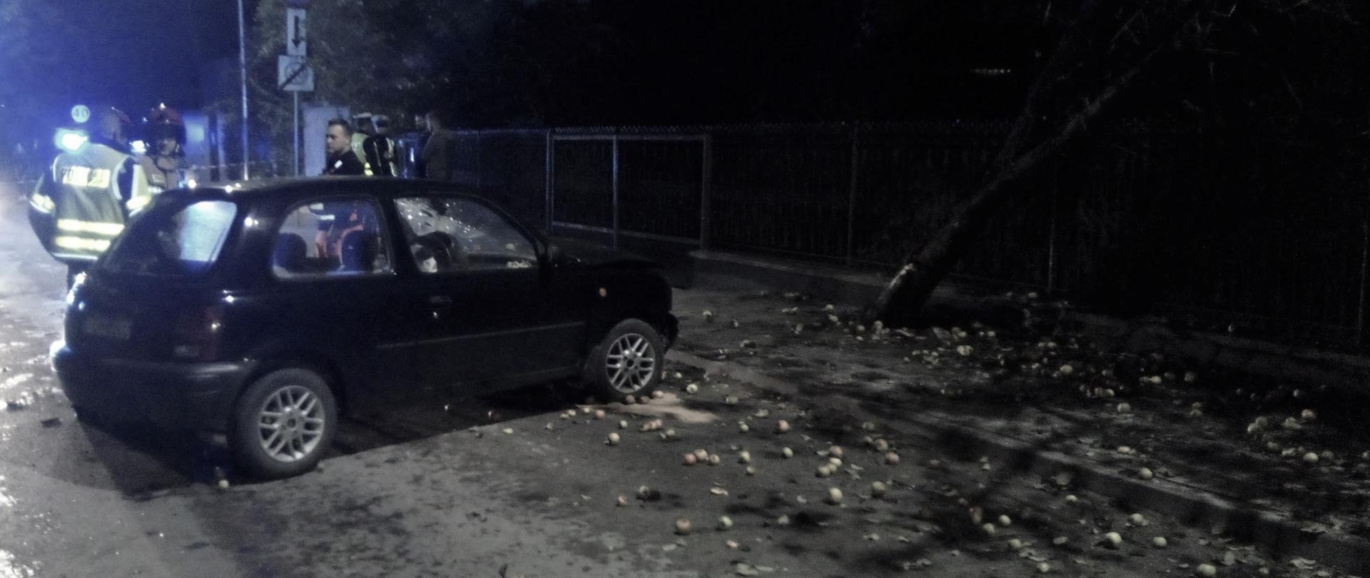 Zdjęcie przedstawia samochód Nissan Micra, który uderzył w drzewo. Wokół rozsypane jabłka, które spadły z drzewa w wyniku uderzenia, a za samochodem widzimy przedstawicieli służb ratunkowych.