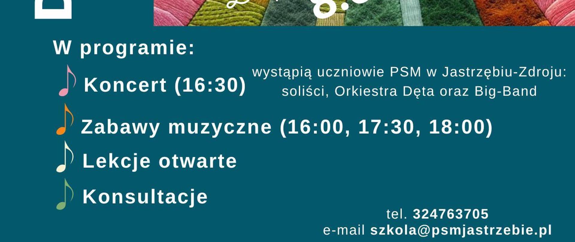 Plakat informacyjny dotyczący koncertu z okazji Dni otwartych szkoły, odbywającego się w dniu 08.05.2024 o godz. 16.30.