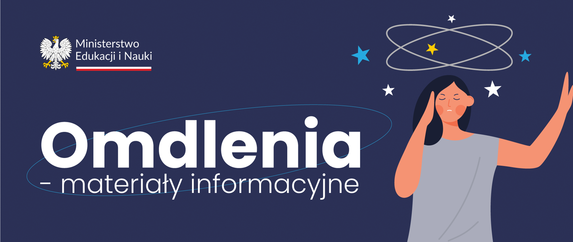 Infografika z kobietą trzymającą się za głowę zapisem Omdlenia - materiały Informacyjne