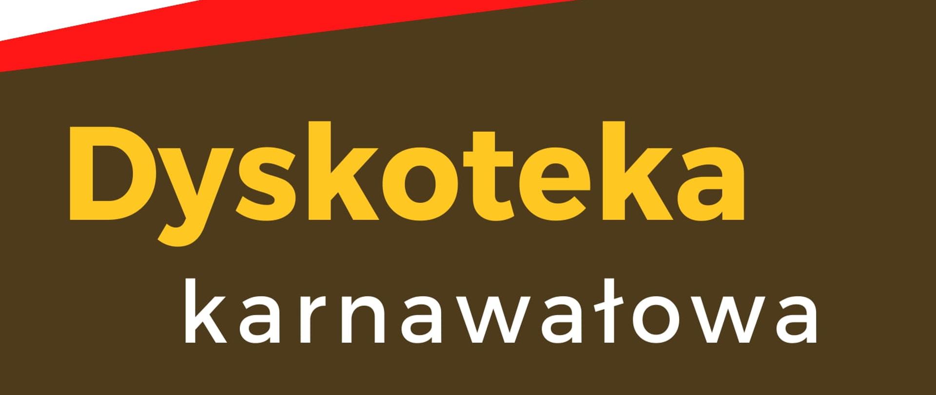 Plakat przedstawia zaproszenie na dyskotekę karnawałową. Grafika w kolorach brązowy, czerwony, biały. Napisy w kolorze czarnym na białym tle. Obrazki przedstawiają kasetę magnetofonową, głośniki stereofoniczne i płytę winylową.