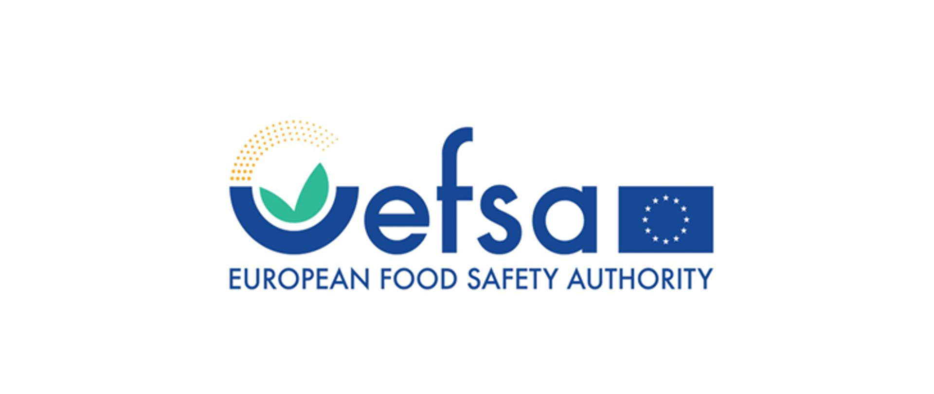 Logo EFSA (European Food Safety Authority). Składa się z niebieskiego napisu „efsa”, stylizowanego znaku graficznego z zielonym liściem i żółtymi kropkami po lewej stronie oraz flagi Unii Europejskiej po prawej. Pod logo widnieje pełna nazwa: „European Food Safety Authority”.