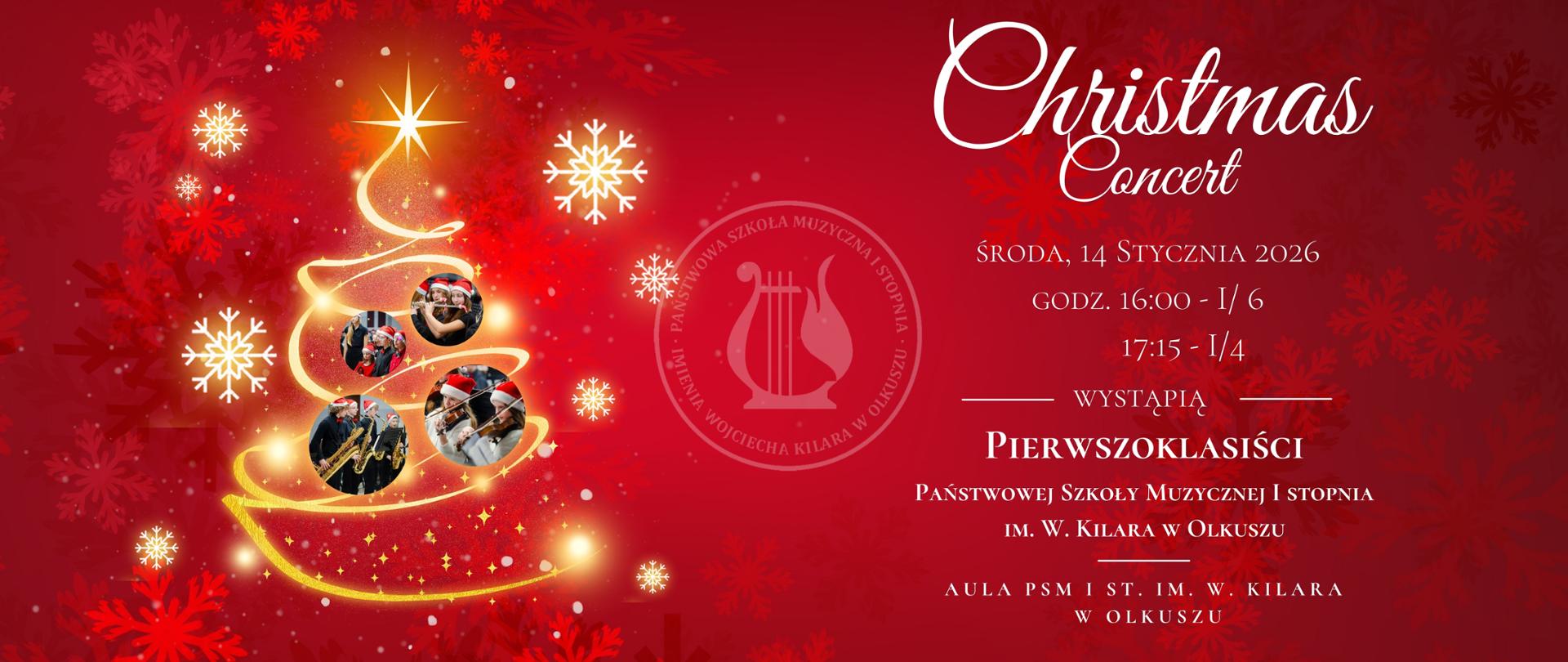 czerwone tło, świecąca wstęga w kształcie choinki, białe napisy