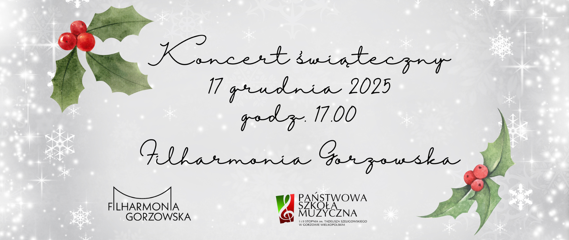 Na srebrnym tle gałązka jemioły i informacja o terminie koncertu. Na dole logo filharmonii i szkoły