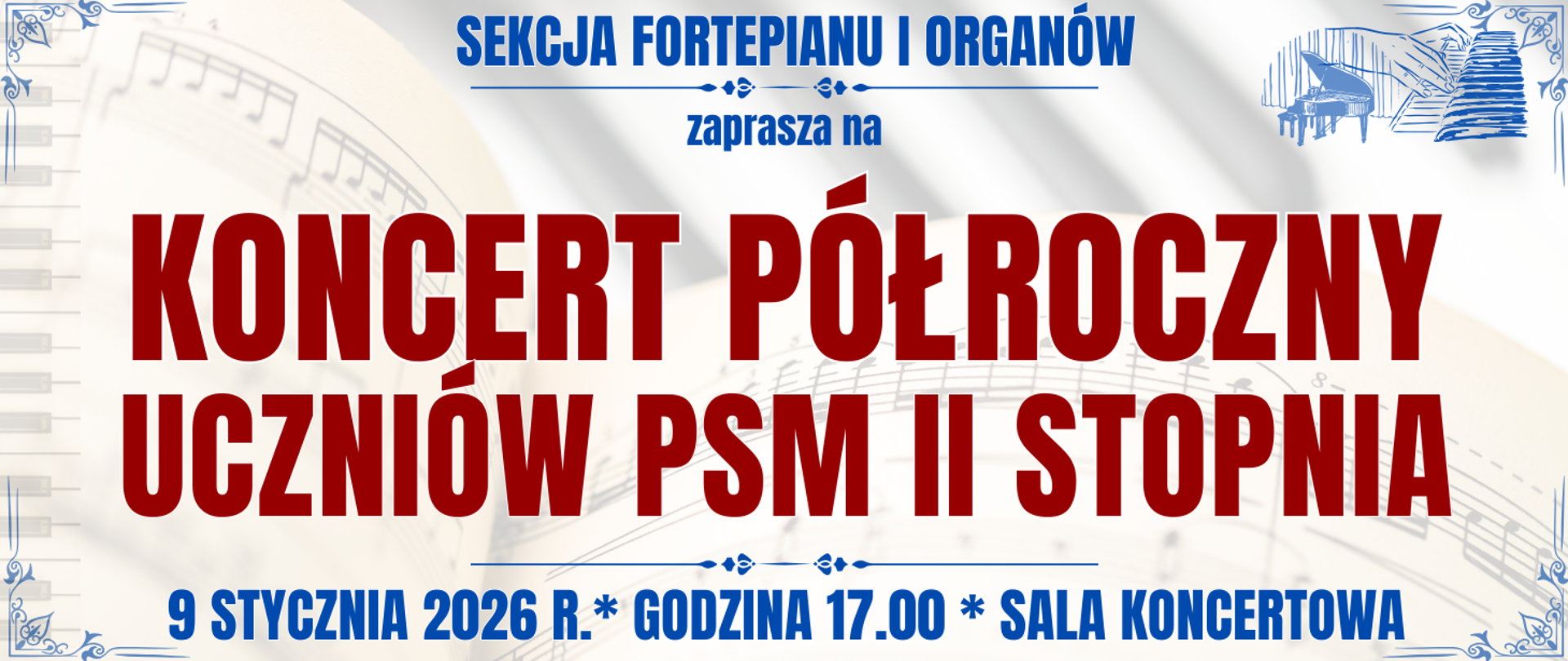 baner w tle nuty z klawiaturą fortepianu oraz informacja o wydarzeniu