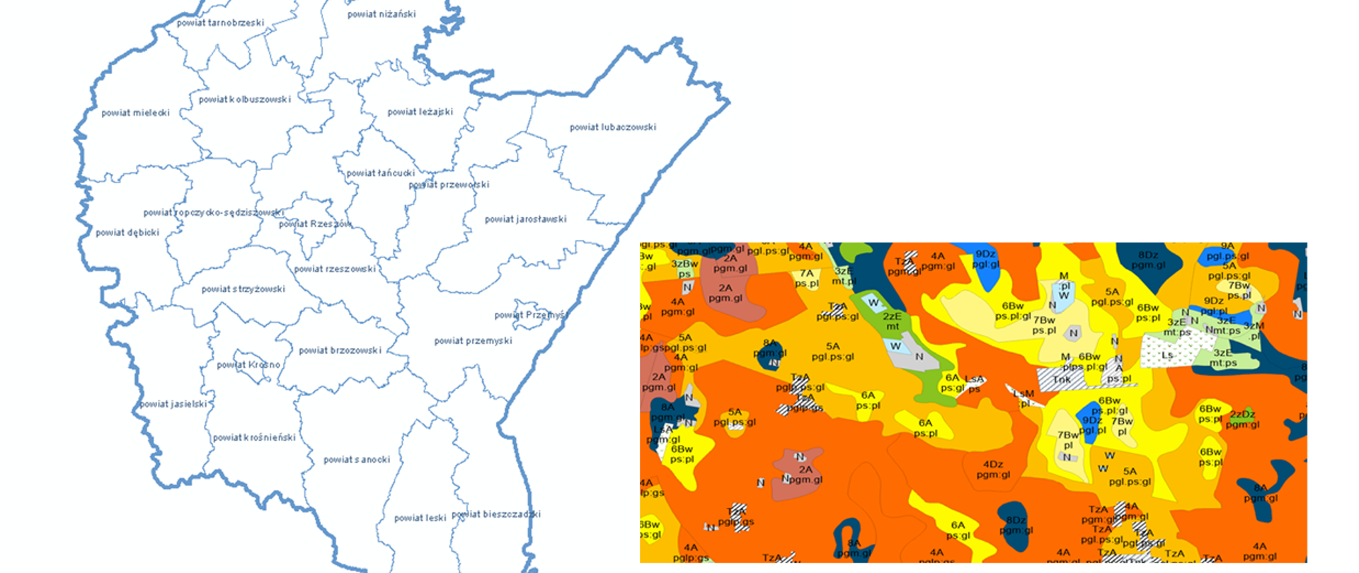 Rysunek przedstawia fragment mapy glebowo-rolniczej oraz zasięg map glebowo-rolniczych, które będą opracowane w ramach zamówienia GUGIK