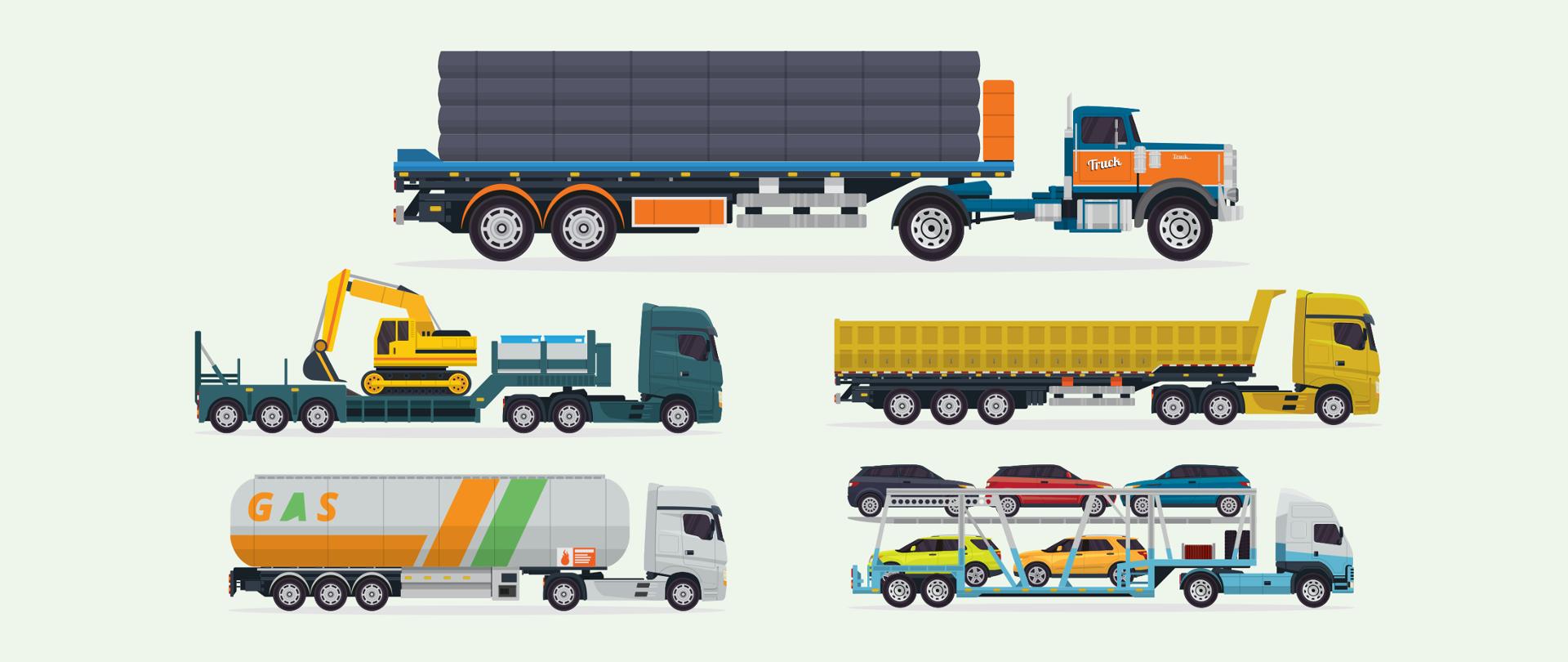 Grafika wektorowa - pięć kolorowych samochodów z przyczepami, m.in. pojazd przewożący samochody, cysterna, samochód przewożący koparkę i materiały budowlane.