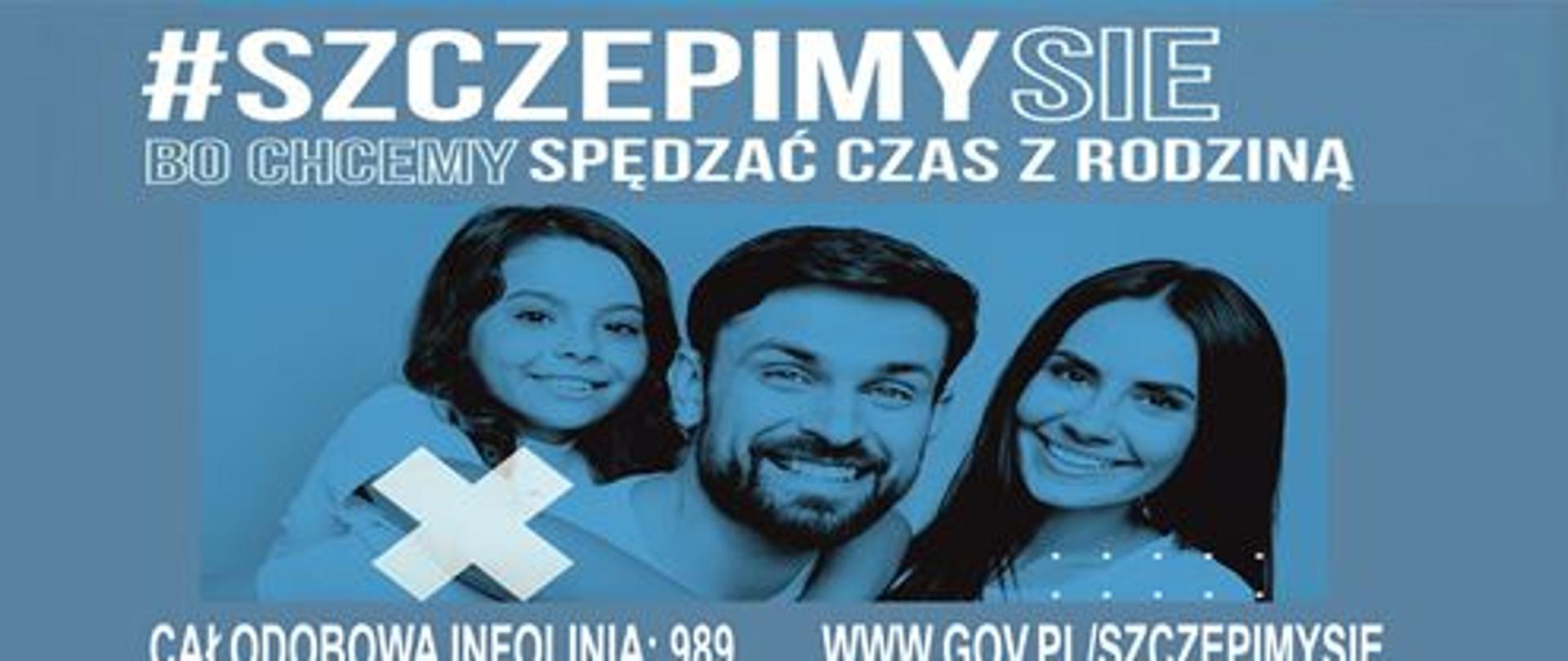 Baner promujący szczepienia przeciwko COVID-19, z rodzina w tle
