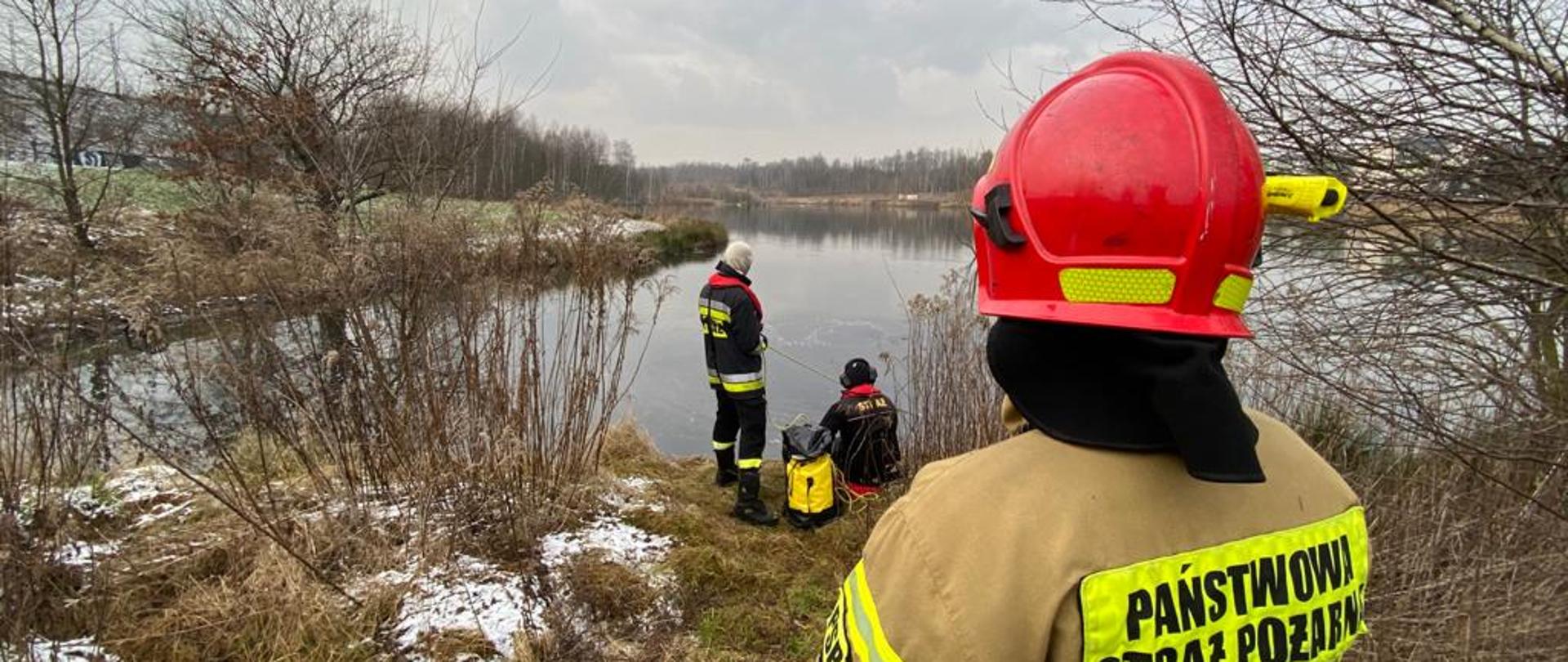 Na zdjęciu znajdują się trzech strażaków przy zbiorniku wodnym rozlewiska potoku bielszowickiego. Jeden ze strażaków zabezpiecza nurka, następny w słuchawkach siedzi przy brzegu, trzeci na pierwszym planie ubrany w ubranie specjalne i hełm stoi tyłem.