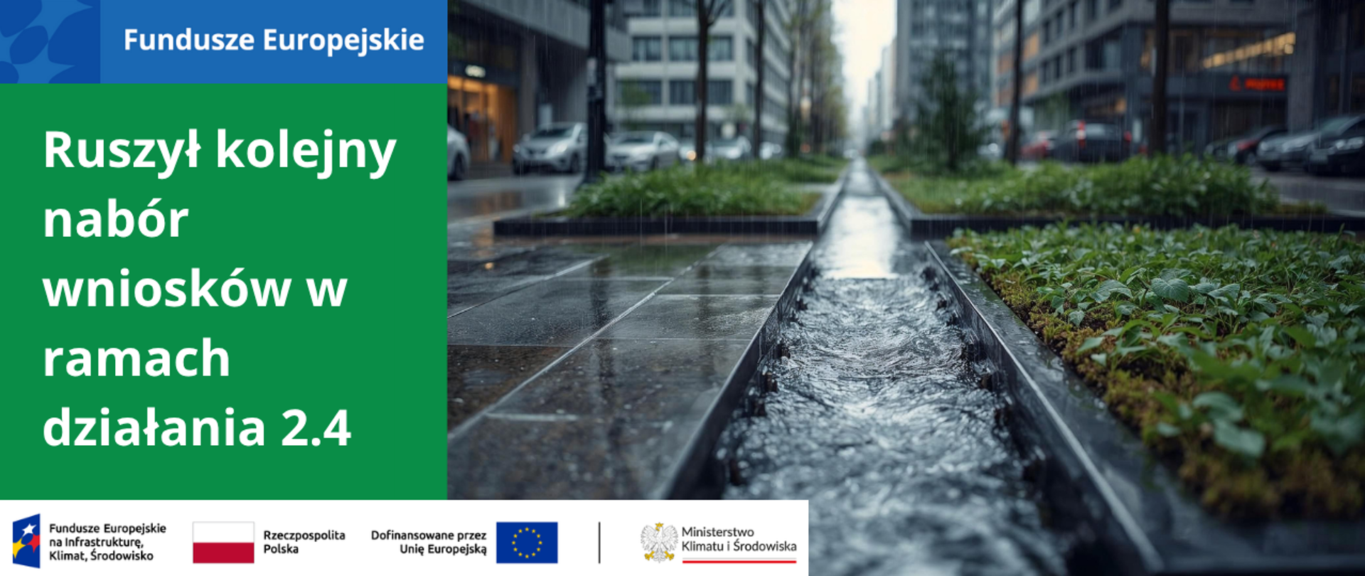 Deszczowa pogoda, przestrzeń miejska, elementy zielono niebieskiej infrastruktury