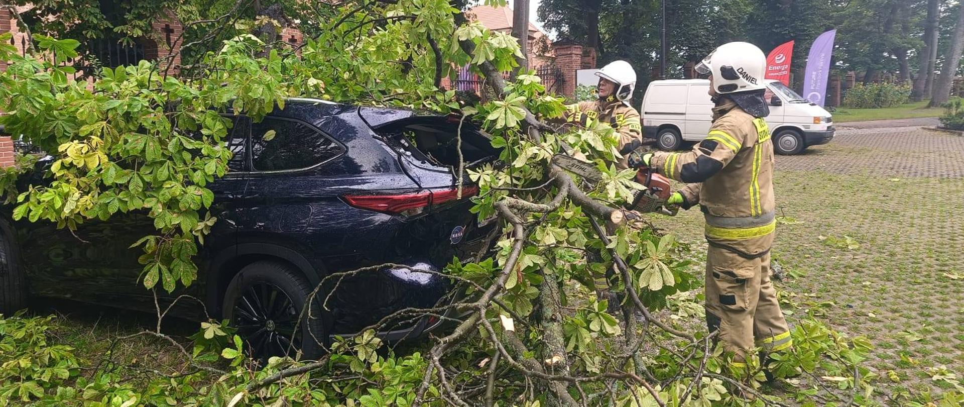 Na zdjęciu widać dwóch strażaków w pełnym umundurowaniu, którzy usuwają powalony konar drzewa z samochodu osobowego. Drzewo upadło na ciemny pojazd, uszkadzając go — widać wybite tylne okno i zgnieciony dach. Strażacy używają pilarki do pocięcia gałęzi. 