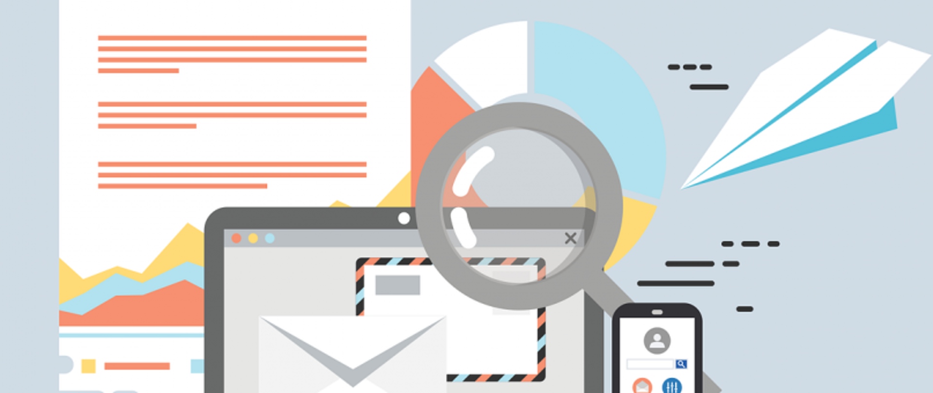 „Ilustracja z dokumentem, wykresem, kopertą, lupą, smartfonem i papierowym samolotem – motywy komunikacji i analizy danych.”