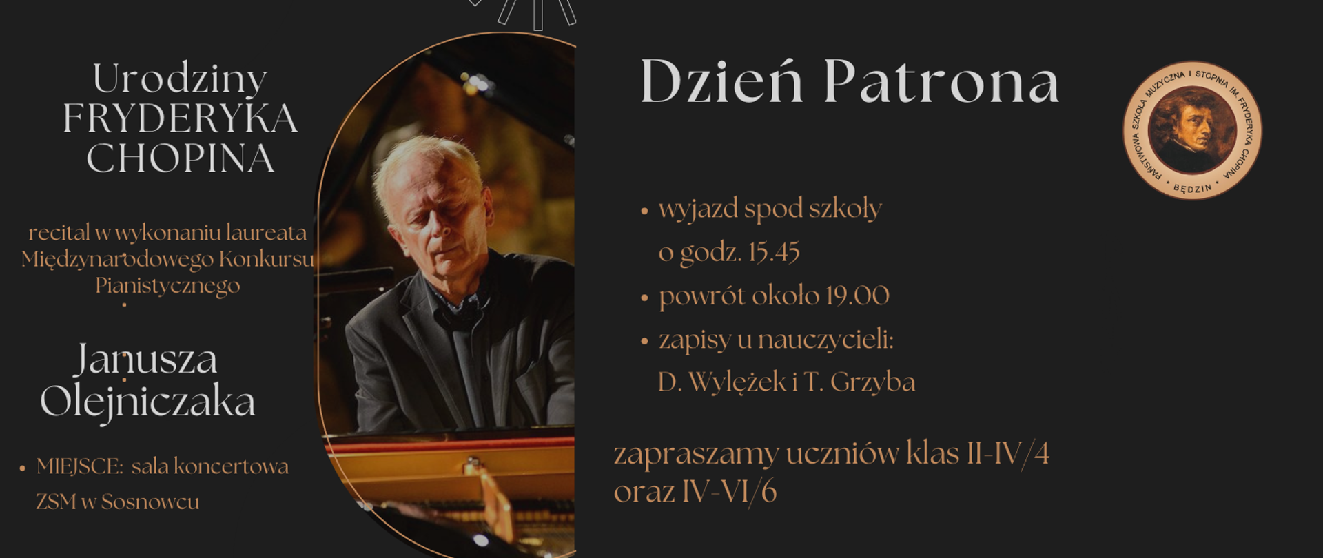 czarny baner ze zdjęciem wykonawcy, po prawej logotyp szkoły i informacje