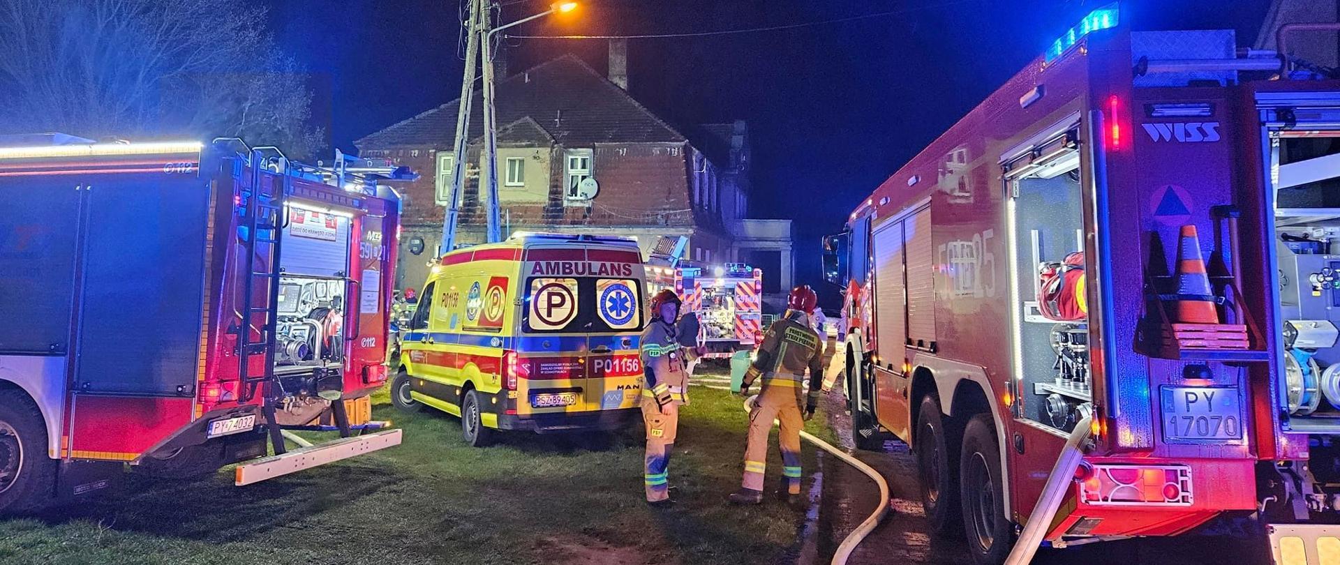 Po lewej i prawej samochody strażackie, na środku pałac i karetka pogotowia