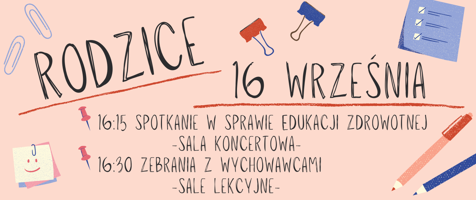 Na jasnym tle z motywami przyborów szkolnych informacja: Zebranie rodziców 16.09.2026r., godz. 16.15