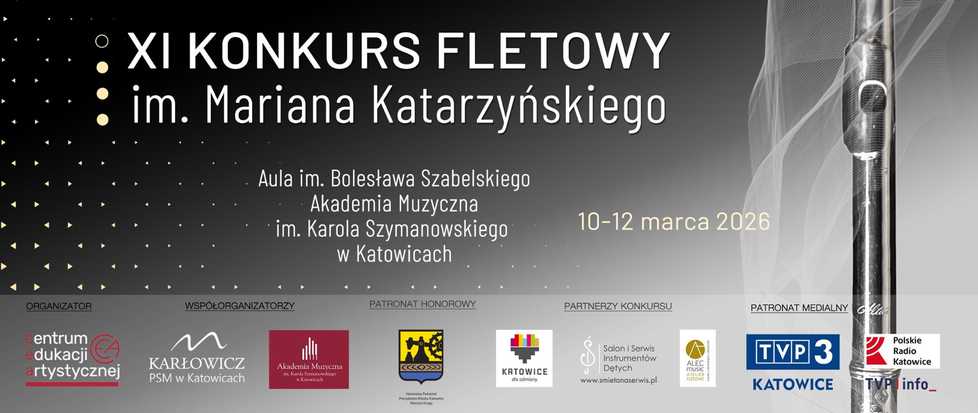 Plakat zapraszający na XI Konkurs Fletowy im. Mariana Katarzyńskiego, organizowany w dniach 10–12 marca 2026 w Katowicach, w Auli im. Bolesława Szabelskiego Akademii Muzycznej im. Karola Szymanowskiego.
