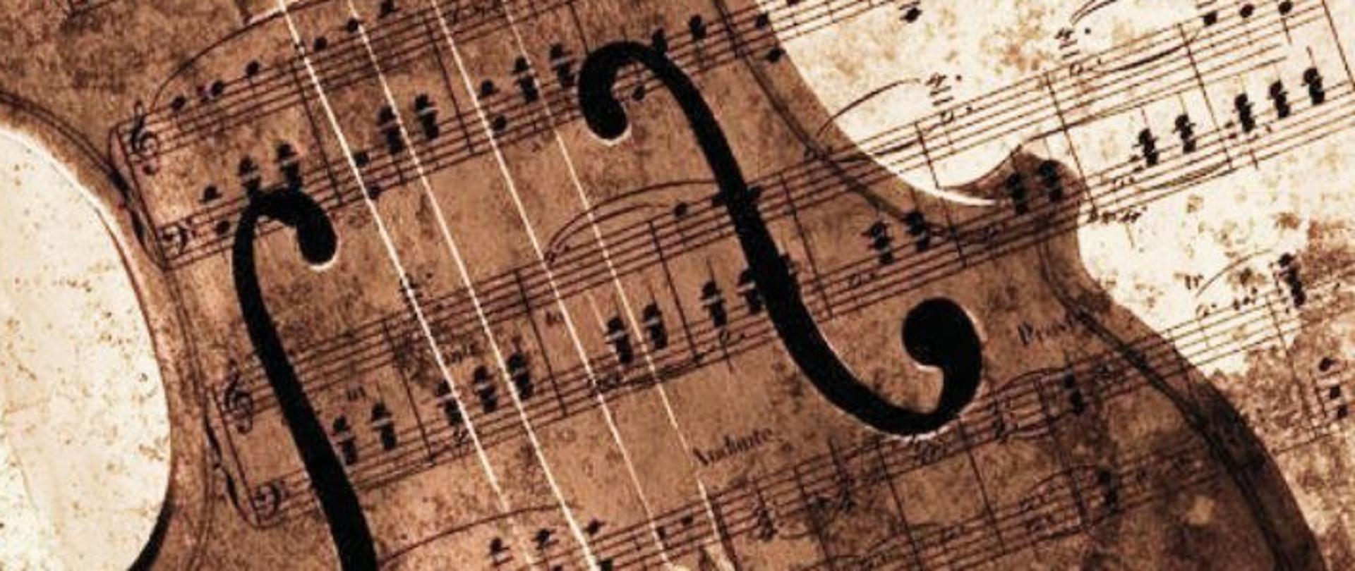 Kremowe tło, 3 zdjęcia fragmentów skrzypiec, informacje dotyczące koncertu klasy skrzypiec p. małgorzaty Kryś 18 grudnia 2023 r. o godz. 15.30 w Auli ZSM