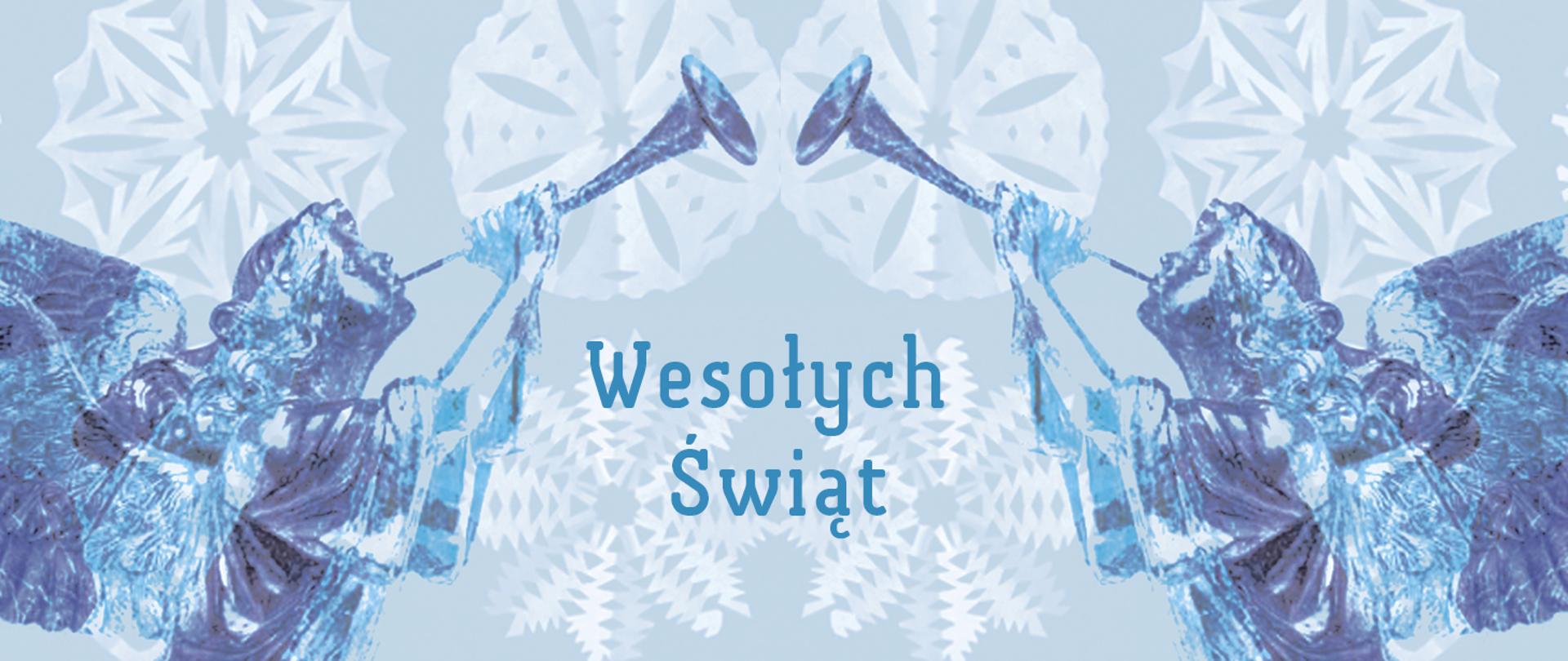 Kartka świąteczna, na środku napis Wesołych Świąt, po lewej i prawej aniołki grające na trąbkach