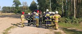 Grupa kilkunastu strażaków na piaszczystej drodze w środku lasu omawia założenie ćwiczeń.
