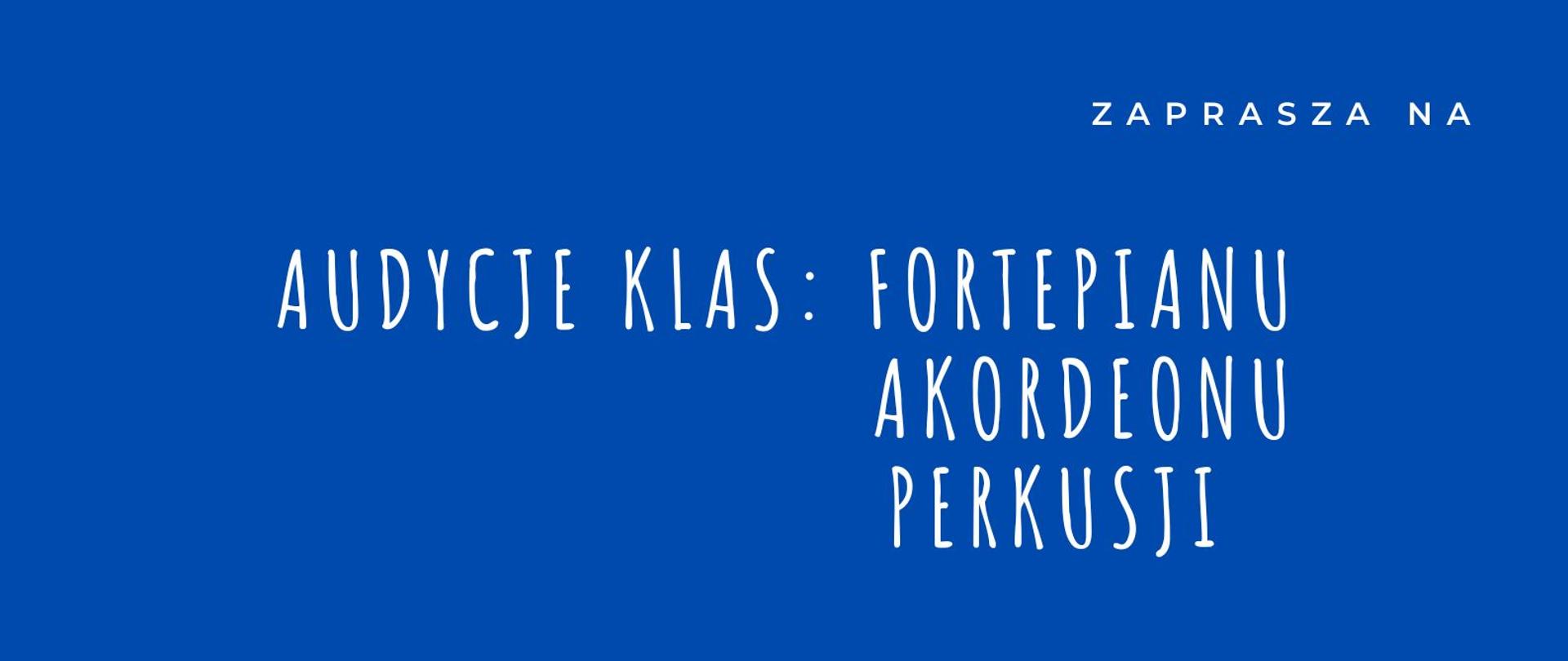 Plakat z napisem Państwowa Szkoła Muzyczna pierwszego stopnia imienia Tadeusza Bairda w Iławie zaprasza na audycje klas fortepianu akordeonu perkusji szóstego marca dwa tysiące dwudziestego czwartego roku środa o godzinie siedemnastej w sali kameralnej PSM pierwszego stopnia w Iławie ulica Kościuszki osiemnaście w kolorze białym na niebieskim tle z grafiką klawiatury fortepianu 