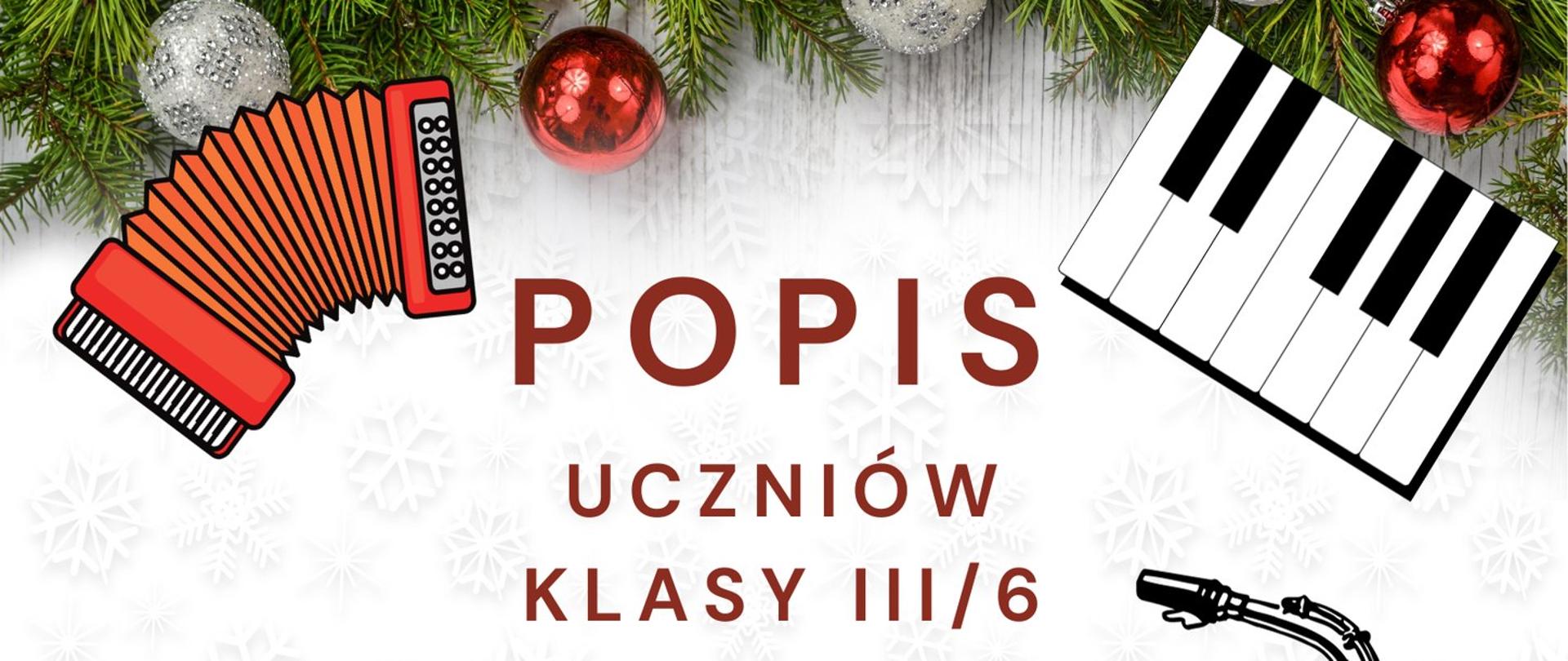 Plakat na białym tle z elementami grafiki świątecznej i ikonografią instrumentów muzycznych oraz informacją tekstową o popisie