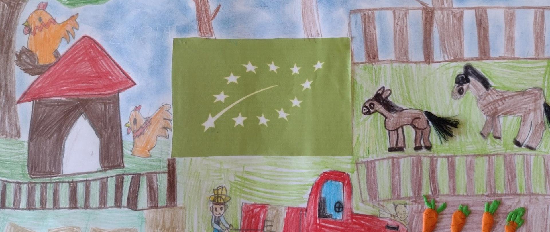 Praca plastyczna wykonana technikom kolarzu, o tematyce wiejskiej przedstawiająca zwierzęta, rośliny uprawne, maszyny rolnicze i zabudowę gospodarczą