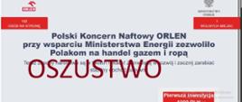 Zrzut ekranu fałszywej strony podszywającej się pod Ministerstwo Energii, z ostrzeżeniem - OSZUSTWO