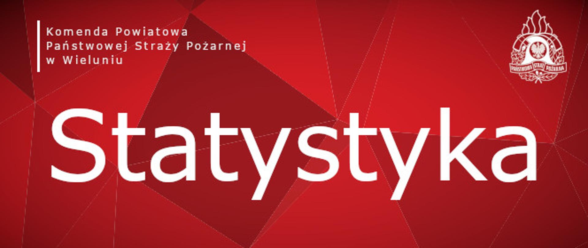 Zdjęcie przedstawia plakat koloru czerwonego z logo PSP i napisem Komenda Powiatowa Państwowej Straży Pożarnej w Wieluniu oraz Statystyka