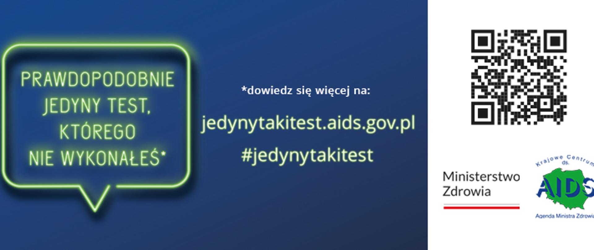 niebiesko-biały baner zachęcający do wykonania testu na HIV, adres strony internetowej i loga: Ministerstwo Zdrowia i Krajowe Centrum ds. AIDS 